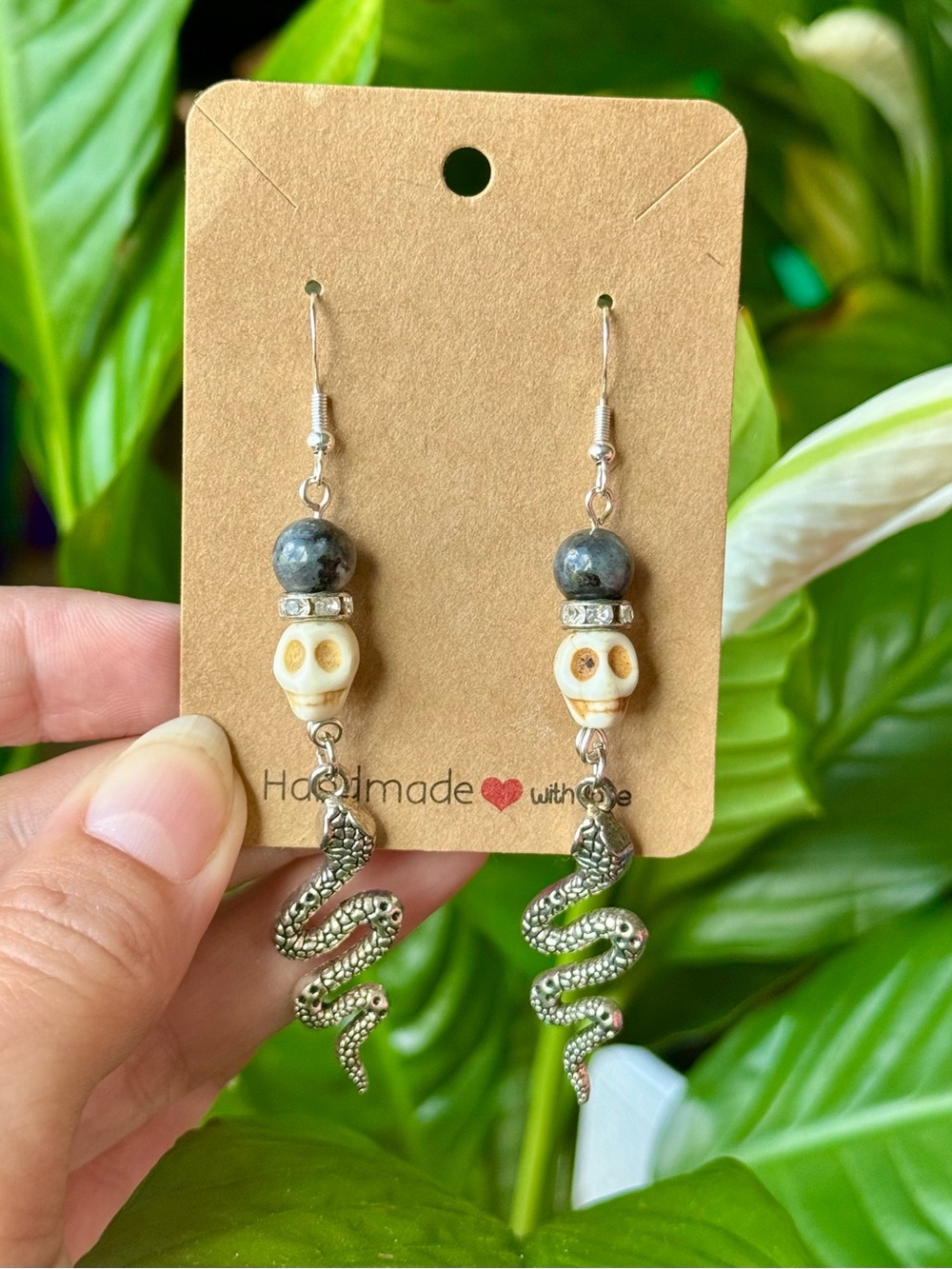 Handmade LARVIKITE LABRADORITE Skull + Snake Dangle Earrings